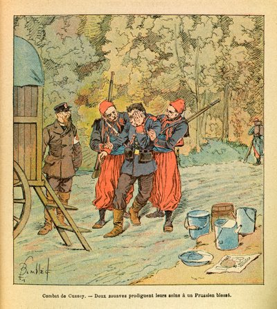 Eugene Sergeantin itäinen armeija, kuten Grenest, kuvittanut Louis Bombled (1862-1927) (Ranskan ja Saksan sota; kampanja 1870 -1871): Cusseyn taistelu, lokakuu 1870, kaksi Zouavia huolehtivat haavoittuneesta preussilaisesta, kokoelma osittainen tekijältä Louis Charles Bombled