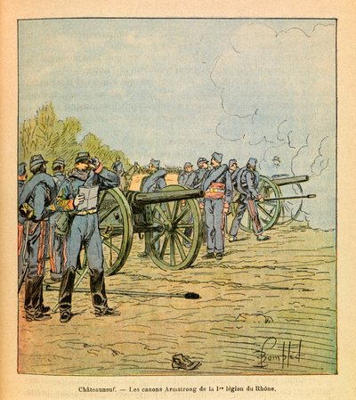 Louis Bombledin (1862-1927) kuvittama Eugene Sergeant, dit Grenestin (1870-1871) Itäinen armeija (Ranskan ja Saksan sota): Chateauneufin edustalla, Rhonen ensimmäisen legioonan Armstrongin kanuunat joulukuussa 1870, yksityiskokoelma. tekijältä Louis Charles Bombled