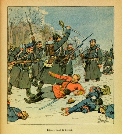 Eugene Sergeantin itäinen armeija, Grenest, kuvittanut Louis Bombled (1862-1927) (Ranskan ja Saksan sota; kampanja 1870-1871): Kenraali Bossak-Hauke kuoli paikassa, joka tunnetaan nimellä "La Cap" tekijältä Louis Charles Bombled