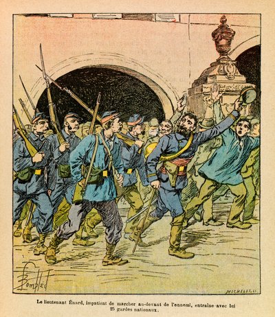 Eugene Sergeantin itäinen armeija, kuten Grenest, kuvittanut Louis Bombled (1862-1927) (Ranskan ja Saksan sota; kampanja 1870-1871): Epinalin taistelujen aikana lokakuussa 1870 luutnantti Enard käveli innokkaasti vihollisen edessä johti hänen kanssaan Nati tekijältä Louis Charles Bombled