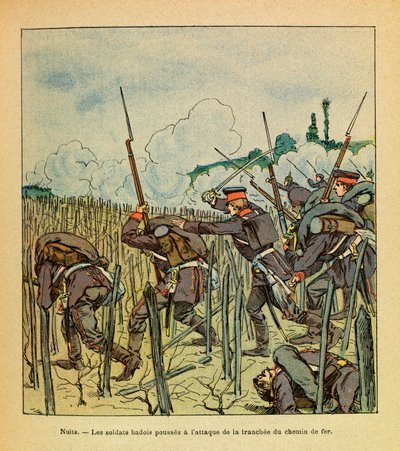 Eugene Sergeantin itäarmee, joka tunnetaan nimellä Grenest, kuvittanut Louis Bombled (1862-1927) (Ranskan ja Saksan sota; kampanja 1870 -1871): Yön taistelu Saint Georges; Badois-sotilaat hyökkäsivät rautatien osuuteen joulukuussa 1870, Private Coll tekijältä Louis Charles Bombled
