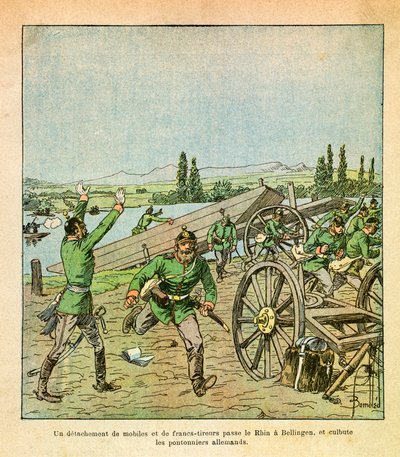 Eugene Sergeantin itäarmee, joka tunnetaan nimellä Grenest, kuvannut Louis Bombled (1862-1927) (Ranskan ja Saksan sota; kampanja 1870-1871): Ranskan motiivien ja tarkka-ampujien joukko ylitti Reinin ja ravisteli saksalaisia siltatyöläisiä, Yksityinen Colle tekijältä Louis Charles Bombled