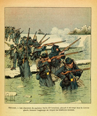 Eugene Sergeantin itäinen armee, joka tunnetaan nimellä Grenest, kuvannut Louis Bombled (1862-1927) (Ranskan ja Saksan sota; kampanja 1870 -1871): Tammikuu 1871, Hericourt, kapteeni Sardan metsästäjät sukeltavat puolivartaloisesti jäässä Lisaine, pidä pitk tekijältä Louis Charles Bombled