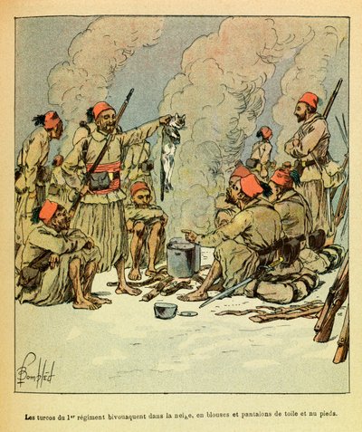 Eugene Sergeantin itäarmee, joka tunnetaan nimellä Grenest, kuvittanut Louis Bombled (1862-1927) (Ranskan ja Saksan sota; kampanja 1870 -1871): Tammikuu 1871, 1. rykmentin turcot bivouaent lumessa, puseroissa ja housut kankaasta ja paljas maksu tekijältä Louis Charles Bombled