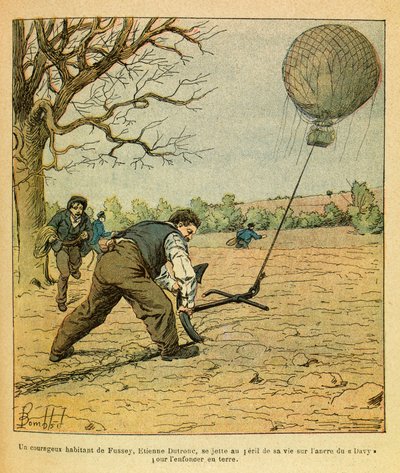 Eugene Sergeantin itäarmee, joka tunnetaan nimellä Grenest, kuvittanut Louis Bombled (1862-1927) (Ranskan ja Saksan sota; kampanja 1870 -1871): Yön taistelu Saint Georges; talonpojat yrittävät pitää havaintoilmapalloa, Private Collection tekijältä Louis Charles Bombled