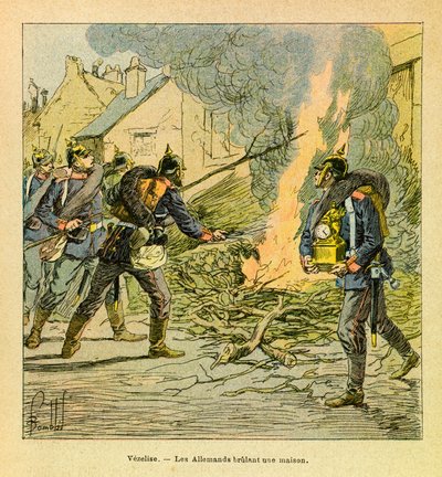 Eugene Sergeantin itäinen armee, joka tunnetaan nimellä Grenest, kuvittanut Louis Bombled (1862-1927) (Ranskan ja Saksan sota; kampanja 1870-1871): Vezelisessä preussilaiset polttavat talon valloitettuaan kaupunkiin, Yksityinen kokoelma tekijältä Louis Charles Bombled