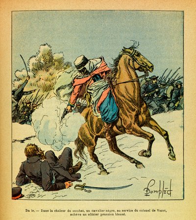 Eugene Sergeantin itäarmee, joka tunnetaan nimellä Grenest, kuvannut Louis Bombled (1862-1927) (Ranskan ja Saksan sota; kampanja 1870 -1871): Tammikuu 1871, eversti De Vezetin palveluksessa oleva musta ratsastaja täydentää preussilaisen upseerin. haavoittu tekijältä Louis Charles Bombled