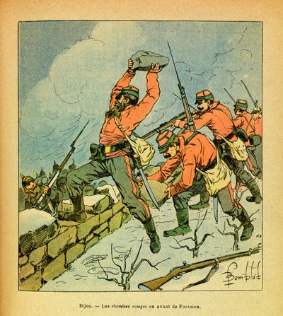 Eugene Sergeantin itäinen armeija, joka tunnetaan nimellä Grenest, kuvannut Louis Bombled (1862-1927) (Ranskan ja Saksan sota; kampanja 1870-1871): Garibaldin punaiset paidat Fontainen edessä Dijonin taisteluissa tammikuussa 1871, Yksityinen kokoelma tekijältä Louis Charles Bombled