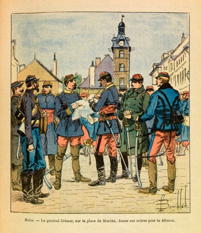 Eugene Sergeantin itäarmee, joka tunnetaan nimellä Grenest, kuvannut Louis Bombled (1862-1927) (Ranskan ja Saksan sota; kampanja 1870 -1871): Nuits Saint Georgesin taistelu; Kenraali Cremer Marchen aukiolla antaa puolustuskäskynsä, joulukuu 1870, Pr tekijältä Louis Charles Bombled