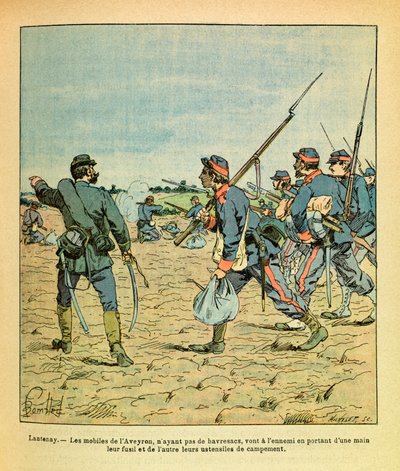 Eugene Sergeantin itäinen armeija, joka tunnetaan nimellä Grenest, kuvannut Louis Bombled (1862-1927) (Ranskan ja Saksan sota; kampanja 1870 -1871): Lantenayn taistelu marraskuussa 1870, Aveyron-matkapuhelimet ilman havresaceja menevät viholliselle kantama tekijältä Louis Charles Bombled