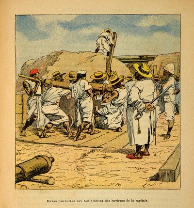 Madagaskarin sota - Henri Galli dit Galllichet (1854-1922) ranskalaisten tutkimusretkien anekdoottinen historia, kuvittanut Louis Bombled (1862-1927): Hovas työskentelee pääkaupungin linnoituksissa vuonna 1895, yksityinen kokoelma tekijältä Louis Charles Bombled
