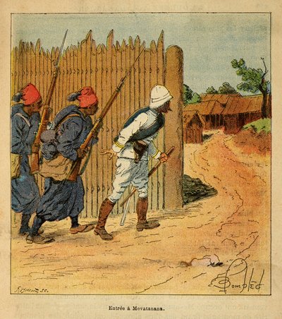 Madagaskarin sota - Henri Galli dit Galllichetin (1854-1922) ranskalaisten tutkimusretkien anekdoottinen historia, kuvittanut Louis Bombled (1862-1927): Ranskan joukot saapuivat Mevatananan kylään vuonna 1895, yksityinen kokoelma tekijältä Louis Charles Bombled