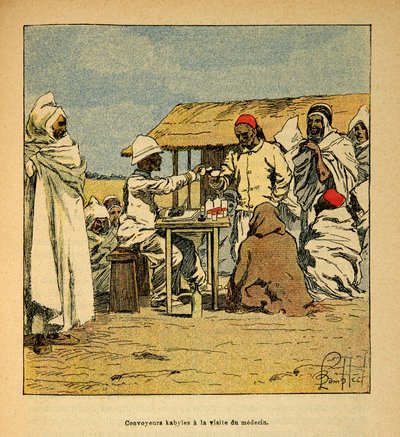 Madagaskarin sota - Henri Galli dit Galllichetin (1854-1922) ranskalaisten tutkimusretkien anekdoottinen historia, kuvittanut Louis Bombled (1862-1927): Convoyeurs Kabiles sotilaslääkärin vierailulla, yksityinen kokoelma tekijältä Louis Charles Bombled