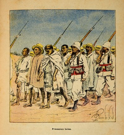 Madagaskarin sota - Henri Galli dit Galllichet (1854-1922) ranskalaisten tutkimusretkien anekdoottinen historia vuosina 1885-1895, kuvittanut Louis Bombled (1862-1927): Hovas-vangit vuonna 1895, yksityinen kokoelma tekijältä Louis Charles Bombled