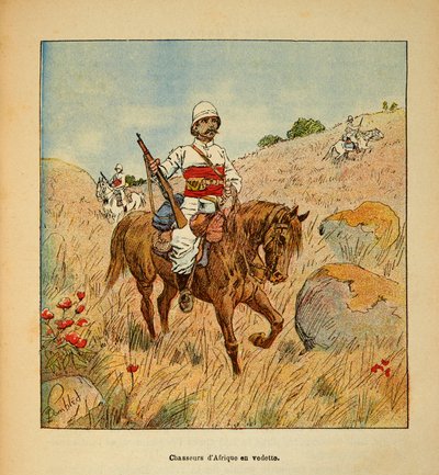 Madagaskarin sota - Henri Galli dit Galllichet (1854-1922) ranskalaisten tutkimusmatkojen anekdoottinen historia vuosien 1885-1895, kuvittanut Louis Bombled (1862-1927): Afrikan metsästäjä tiedustelemassa Madagaskarilla vuonna 1895, yksityinen kokoelma tekijältä Louis Charles Bombled