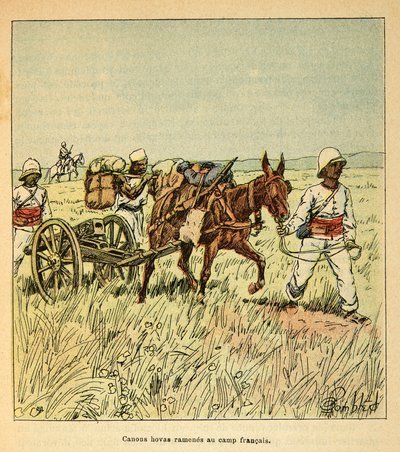 Madagaskarin sota - Henri Galli dit Galllichet (1854-1922) ranskalaisten tutkimusretkien anekdoottinen historia, kuvittanut Louis Bombled (1862-1927): Hovas-kaanonit tuotu takaisin ranskalaiselle leirille, Yksityinen kokoelma tekijältä Louis Charles Bombled