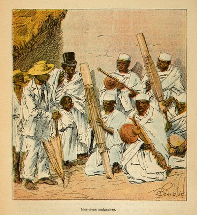 Madagaskarin sota - Henri Galli dit Galllichetin (1854-1922) ranskalaisten tutkimusretkien anekdoottinen historia, kuvittanut Louis Bombled (1862-1927): Madagaskarin muusikot 1800-luvulla, yksityinen kokoelma tekijältä Louis Charles Bombled