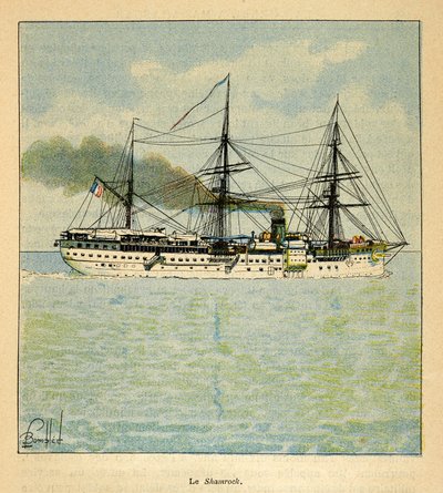 Madagaskarin sota - Henri Galli dit Galllichetin (1854-1922) ranskalaisten tutkimusretkien anekdoottinen historia, kuvittaja Louis Bombled (1862-1927): Sairaalaalus "Shamrock" matkalla Madagaskarille, yksityinen kokoelma tekijältä Louis Charles Bombled