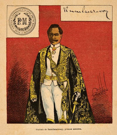 Madagaskarin sota - Henri Galli dit Galllichetin (1854-1922) ranskalaisten tutkimusretkien anekdoottinen historia, kuvittanut Louis Bombled (1862-1927): Pääministeri Rainilaiarivonyn (1828-1896) muotokuva, yksityinen kokoelma tekijältä Louis Charles Bombled