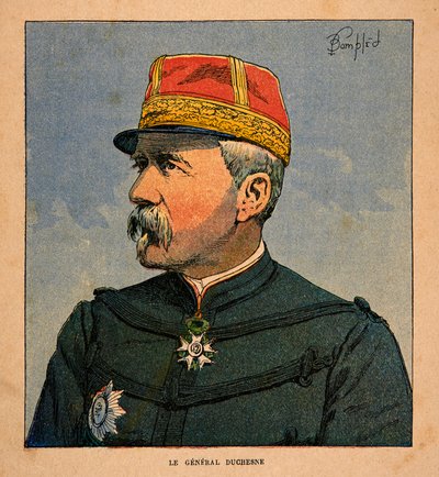 Madagaskarin sota - Henri Galli dit Galllichetin (1854-1922) ranskalaisten tutkimusretkien anekdoottinen historia, kuvittanut Louis Bombled (1862-1927): Kenraali Duchesnen (1837-1918) päällikön muotokuva Ranskan retkikuntajoukot tekijältä Louis Charles Bombled