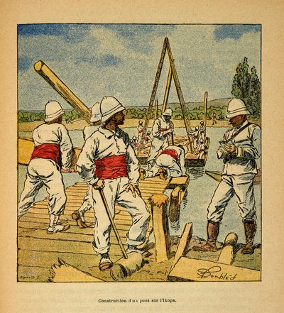 Madagaskarin sota - Henri Galli dit Galllichetin (1854-1922) ranskalaisten tutkimusretkien anekdoottinen historia, kuvittaja Louis Bombled (1862-1927): Genien rakentama silta Ikopa-joelle vuonna 1895, Yksityinen kokoelma tekijältä Louis Charles Bombled
