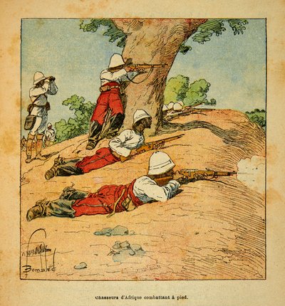 Madagaskarin sota - Henri Galli dit Galllichet (1854-1922) ranskalaisten tutkimusmatkojen anekdoottinen historia, kuvittanut Louis Bombled (1862-1927): Afrikan metsästäjät taistelevat jalan Madagaskarilla vuonna 1895, yksityinen kokoelma tekijältä Louis Charles Bombled