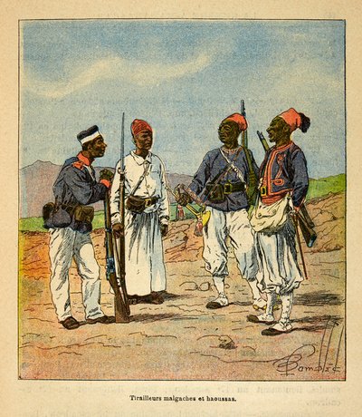 Madagaskarin sota - Ranskan sotaretkien historia 1885-1895, kirjoittanut Henri Galli dit Galllichet (1854-1922), kuvittanut Louis Bombled (1862-1927): Madagaskarin ja Haoussas Tirailleurs, yksityiskokoelma. tekijältä Louis Charles Bombled
