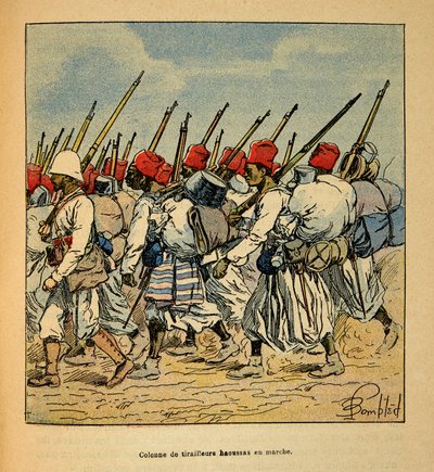 Madagaskarin sota - Henri Galli dit Galllichetin (1854-1922) ranskalaisten tutkimusretkien anekdoottinen historia, kuvittaja Louis Bombled (1862-1927): Haoussas Tirailleursin pylväs marssimassa vuonna 1895, yksityinen kokoelma tekijältä Louis Charles Bombled