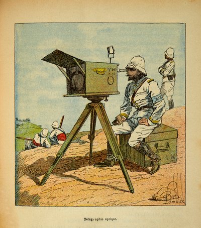 Madagaskarin sota - Henri Galli dit Galllichet (1854-1922) ranskalaisten tutkimusmatkojen anekdoottinen historia vuosina 1885-1895, kuvittanut Louis Bombled (1862-1927): Optinen lennätys vuonna 1895, yksityinen kokoelma tekijältä Louis Charles Bombled