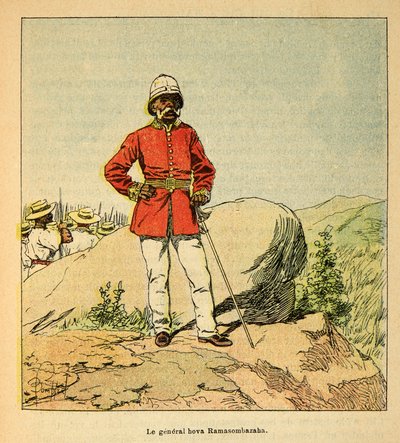 Madagaskarin sota - Henri Galli dit Galllichetin (1854-1922) ranskalaisten tutkimusretkien anekdoottinen historia, kuvittanut Louis Bombled (1862-1927): Kenraali Hova Ramasombazahan muotokuva, yksityinen kokoelma tekijältä Louis Charles Bombled