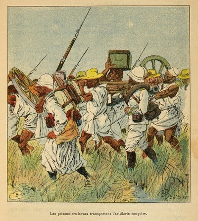 Madagaskarin sota - Henri Galli dit Galllichetin (1854-1922) ranskalaisten tutkimusretkien anekdoottinen historia, kuvittanut Louis Bombled (1862-1927): Hova-vangit kuljettivat tykistöä, yksityinen kokoelma tekijältä Louis Charles Bombled