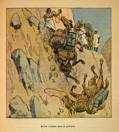 Madagaskarin sota - Henri Galli dit Galllichetin (1854-1922) ranskalaisten tutkimusretkien anekdoottinen historia, kuvittanut Louis Bombled (1862-1927): Sotilassaattueen muletit putoamassa jyrkänteeseen, Erityinen kokoelma tekijältä Louis Charles Bombled