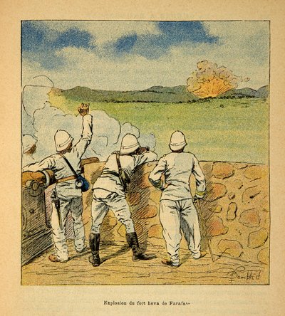 Madagaskarin sota - Henri Galli dit Galllichetin (1854-1922) ranskalaisten tutkimusretkien anekdoottinen historia, kuvittanut Louis Bombled (1862-1927): Hovan linnoituksen räjähdys Farafatessa vuonna 1895, yksityinen kokoelma tekijältä Louis Charles Bombled