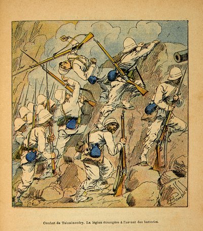 Madagaskarin sota - Henri Galli dit Galllichetin (1854-1922) ranskalaisten tutkimusretkien anekdoottinen historia, kuvittaja Louis Bombled (1862-1927): Tsinainondryn taistelu, vieraslegioona Hovas-pattereiden hyökkäyksessä vuonna 1895, Pr tekijältä Louis Charles Bombled