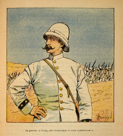 Madagaskarin sota - Henri Galli dit Galllichetin (1854-1922) ranskalaisten tutkimusretkien anekdoottinen historia, kuvittanut Louis Bombled (1862-1927): Esikuntapäällikön kenraali De Torcyn (1844-1918) muotokuva Expeditionary Force Madagissa tekijältä Louis Charles Bombled