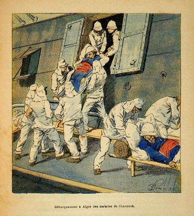 Madagaskarin sota - Henri Galli dit Galllichetin (1854-1922) ranskalaisten tutkimusretkien anekdoottinen historia, kuvannut Louis Bombled (1862-1927): Sairaala-aluksen sairaiden joukkojen poistuminen Algeriin vuonna 1895 "Shamrock" alkaen Ma tekijältä Louis Charles Bombled