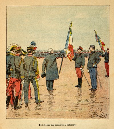 Madagaskarin sota - Ranskan sotaretkien historia 1885-1895, kirjoittanut Henri Galli dit Galllichet (1854-1922), kuvittanut Louis Bombled (1862-1927): Lippujen jakaminen Sathonayssa Madagaskariin vuonna 1895 lähteville joukoille vuonna 1895 esiteltynä. tekijältä Louis Charles Bombled