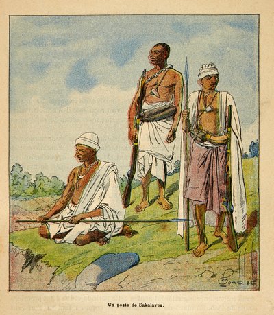 Madagaskarin sota - Henri Galli dit Galllichetin (1854-1922) ranskalaisten tutkimusmatkojen anekdoottinen historia vuosien 1885-1895, kuvittaja Louis Bombled (1862-1927): Soturi Sakalavas, yksityinen kokoelma tekijältä Louis Charles Bombled