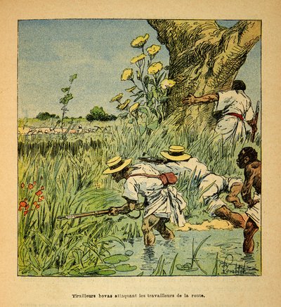Madagaskarin sota - Henri Galli dit Galllichetin (1854-1922) ranskalaisten tutkimusretkien anekdoottinen historia, kuvittanut Louis Bombled (1862-1927): Hovas Tirailleurs hyökkäämässä armeijan tienrakennusta vastaan vuonna 1895, yksityinen kokoelma tekijältä Louis Charles Bombled