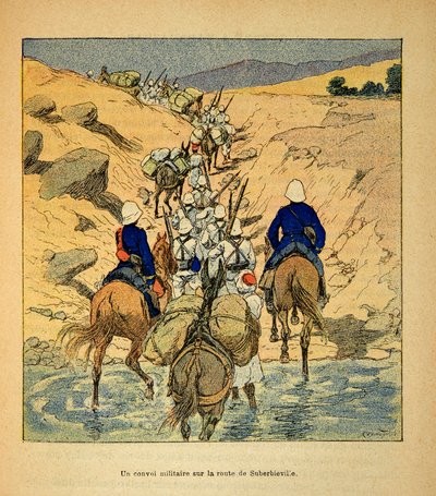 Madagaskarin sota - Henri Galli dit Galllichetin (1854-1922) ranskalaisten tutkimusretkien anekdoottinen historia, kuvittanut Louis Bombled (1862-1927): sotilassaattue matkalla Suberbievilleen vuonna 1895, yksityinen kokoelma tekijältä Louis Charles Bombled
