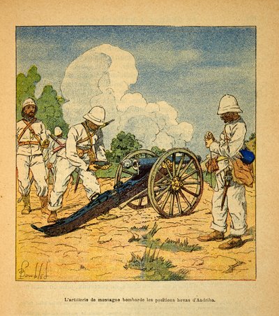 Madagaskarin sota - Henri Galli dit Galllichetin (1854-1922) ranskalaisten tutkimusretkien anekdoottinen historia, kuvittanut Louis Bombled (1862-1927): Vuoristotykistö pommitti Hovas a Andriba -asemia vuonna 1895, yksityinen kokoelma tekijältä Louis Charles Bombled