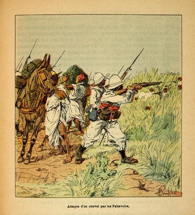 Madagaskarin sota - Henri Galli dit Galllichetin (1854-1922) ranskalaisten tutkimusretkien anekdoottinen historia, kuvannut Louis Bombled (1862-1927): Fahavolosin sotilassaattueen hyökkäys, yksityinen kokoelma tekijältä Louis Charles Bombled