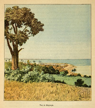 Madagaskarin sota - Ranskan sotaretkien historia 1885-1895, kirjoittanut Henri Galli dit Galllichet (1854-1922), kuvittanut Louis Bombled (1862-1927): Näkymä Majungan kaupungista 1800-luvun Sieclen aikaan, yksityiskokoelma. tekijältä Louis Charles Bombled