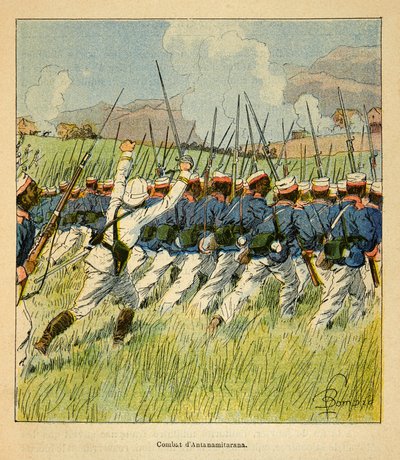 Madagaskarin sota - Henri Galli dit Galllichet (1854-1922) ranskalaisten tutkimusretkien anekdoottinen historia, kuvittanut Louis Bombled (1862-1927): Ranskan joukot Antanamitaranan taistelujen aikana vuonna 1895, yksityinen kokoelma tekijältä Louis Charles Bombled