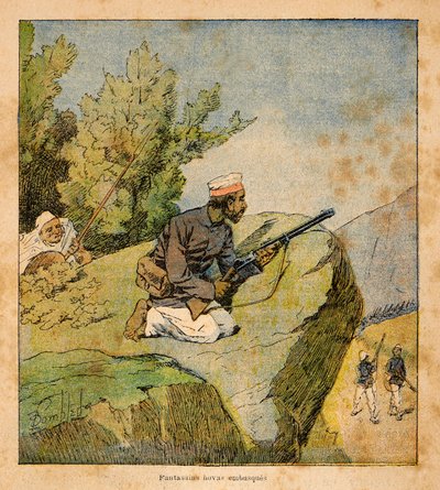 Madagaskarin sota - Henri Galli dit Galllichetin (1854-1922) ranskalaisten tutkimusmatkojen anekdoottinen historia vuosien 1885-1895, kuvittaja Louis Bombled (1862-1927): Hovas-väijytyksiä, yksityinen kokoelma tekijältä Louis Charles Bombled