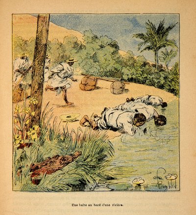 Madagaskarin sota - Henri Galli dit Galllichetin (1854-1922) ranskalaisten tutkimusmatkojen anekdoottinen historia, kuvittanut Louis Bombled (1862-1927): Pysähdys joen rannalla vuonna 1895, yksityinen kokoelma tekijältä Louis Charles Bombled