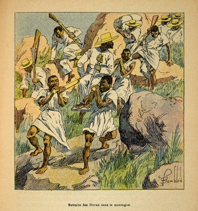 Madagaskarin sota - Henri Galli dit Galllichet (1854-1922) ranskalaisten tutkimusretkien anekdoottinen historia, kuvittanut Louis Bombled (1862-1927): Hovas-joukkojen vetäytyminen vuorilla, yksityinen kokoelma tekijältä Louis Charles Bombled