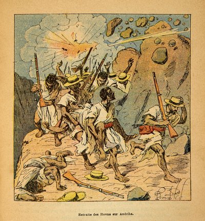 Madagaskarin sota - Henri Galli dit Galllichetin (1854-1922) ranskalaisten tutkimusretkien anekdoottinen historia vuosina 1885-1895, kuvittanut Louis Bombled (1862-1927): Yksityiskokoelma tekijältä Louis Charles Bombled