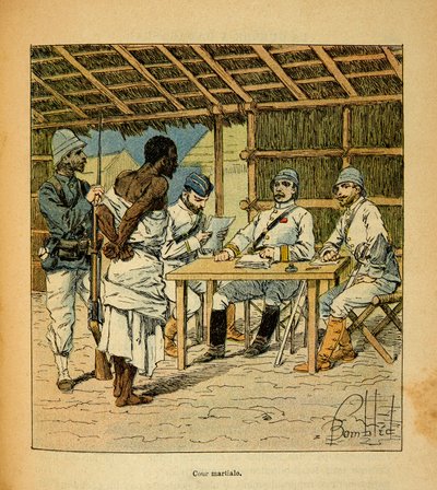 Madagaskarin sota - Henri Galli dit Galllichetin (1854-1922) ranskalaisten tutkimusretkien anekdoottinen historia, kuvittaja Louis Bombled (1862-1927): Ranskan suorittama Hovas-vangin kuulustelu, yksityinen kokoelma tekijältä Louis Charles Bombled