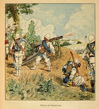 Madagaskarin sota - Henri Galli dit Galllichetin (1854-1922) ranskalaisten tutkimusretkien anekdoottinen historia, kuvittanut Louis Bombled (1862-1927): Tsarasaotran puolustus vuonna 1895, yksityinen kokoelma tekijältä Louis Charles Bombled